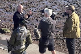 Bill Bailey was spotted filming a mystery show in a sunny seaside town. 