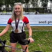 Elise Nelson Smith after finishing her first 70.1 triathlon event.