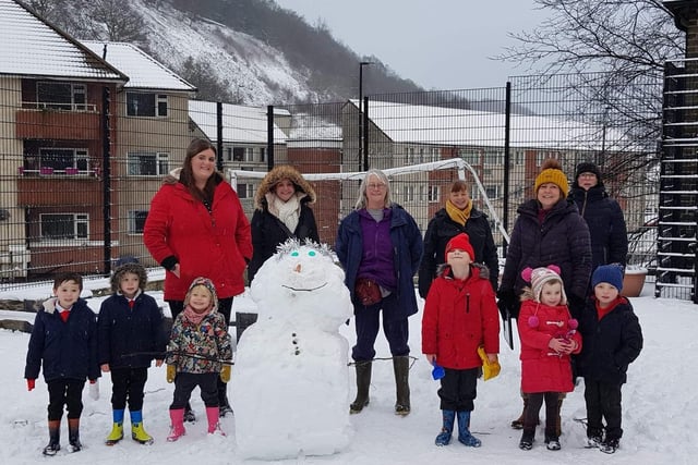 Staff and pupils at Shade Primary School, Todmorden have fun in the snow.