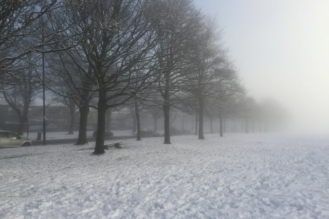 Early morning snow and mist on Savile Park by Ruth Greenwood.