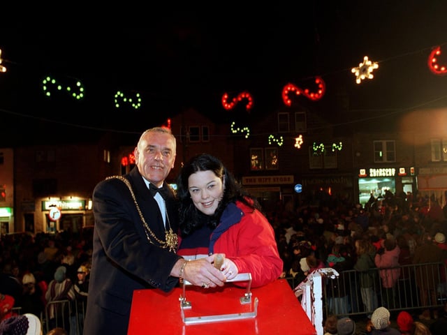 Emmerdale star Mandy Dingle, alias actress Lisa Riley helped switch on Yeadon's Christmas Lights in December 1996. Giving her a helping hand was the Lord Mayor of Leeds Coun Malcolm Bedford.
