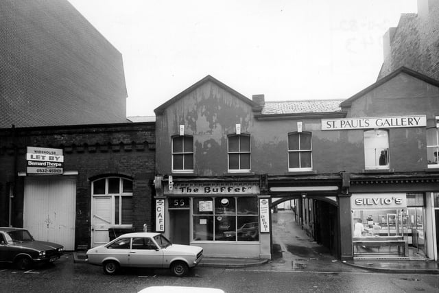 St. Paul's Street in Leeds city centre in November 1982.  Pictured is The Buffet cafe and Silvio's Bakery. St. Paul's Gallery occupies the floor above the latter.
