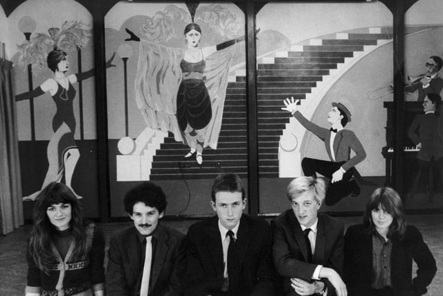 Five members of the Shape Up North community arts group with their mural in Little London community centre in May 1982. Pictured, from left, are Ruth Keep, Robert Greenwood, Chris Humphrey, David Collins and Susan Billings.