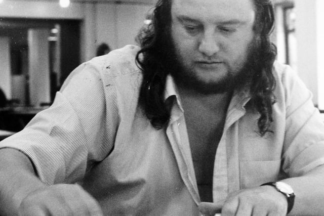 Peter Dennison from Woodlesfordpegs up his board in the Leeds regional final of the National Dominoes Championship played at Leeds University Refectory in September 1982.