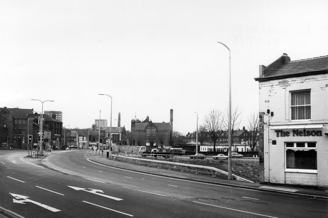 Armley Road looking west towards the junction with Branch Road (left), Stanningley Road (ahead) and Ledgard Way (right) in January 1982.