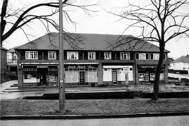 A row of shops on Gledhow Valley Road in March 1982. Shops include Modelauto and Just Hair.