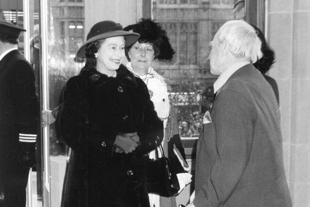The Queen chats to sculptor Henry Moore at the new-look Leeds City Art Gallery in November 1982.