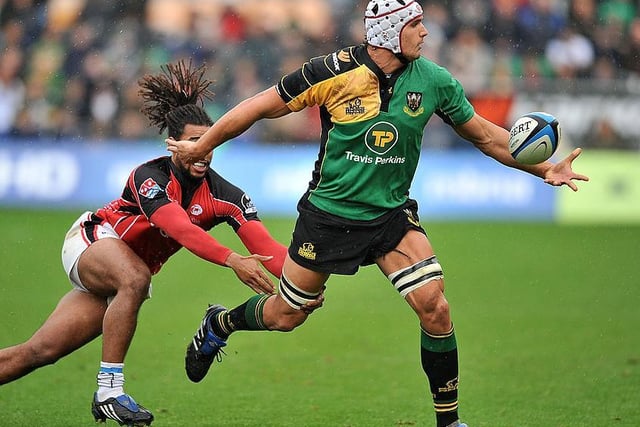 Saints ditched the stripes for a special 'cup' shirt in 2009-10, worn here by Springbok giant Juandre Kruger against London Welsh in the LV= Cup
