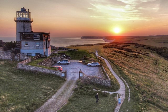 Drone photography at Belle Tout lighthouse at sunset, by Allen Taylor. SUS-211022-100514001