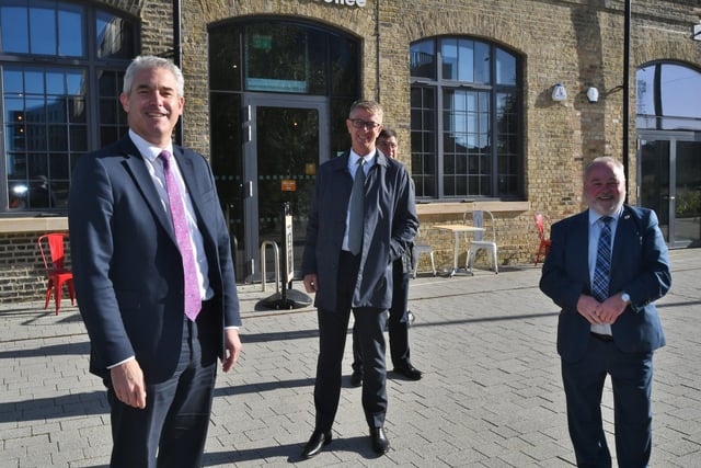Minister for the Cabinet Office Steve  Barclay MP visiting the Fletton Quays site with PCC leader Wayne Fitzgerald and Nick Davy, a Government property agency director EMN-211021-164804009