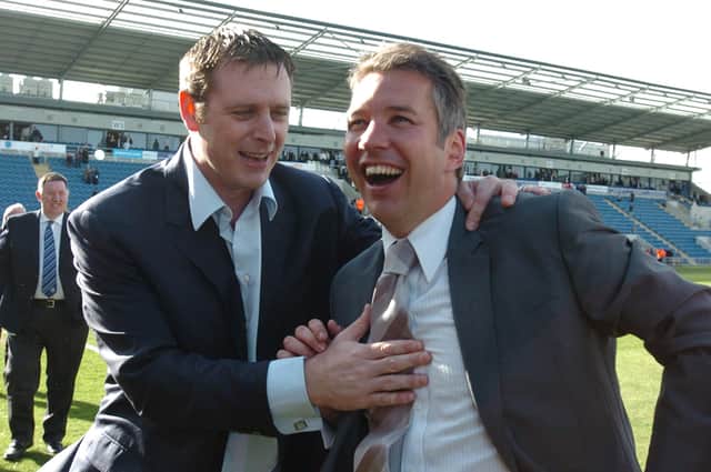 Posh chairman Darragh MacAnthony and manager Darren Ferguson celebrate promotion from League One at Colchester in 2009.