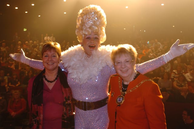Michael Cross as panto dame at the Key Theatre, for the last performance after 15 years in panto pictured with Gillian Beasley and Pat Nash.