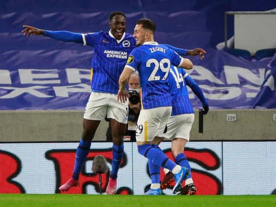 Danny Welbeck celebrates his goal for Brighton against West Ham