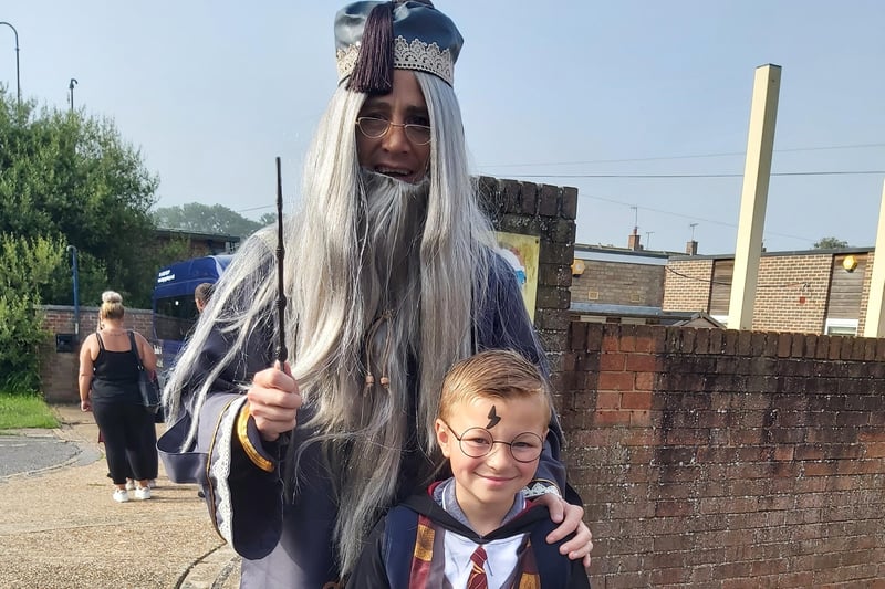 Head of school, Benjamin Bowles, welcomed children to Hogwarts dressed as Dumbledore