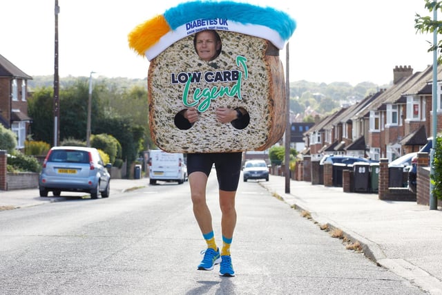 Andy Welch completed the marathon in 5 hours and 32 minutes - dressed as a 6ft Low Carb Loaf