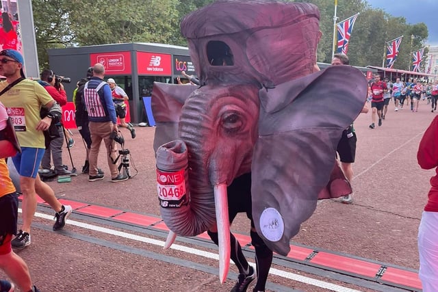 Tom Langdown completed the marathon dressed as a giant elephant