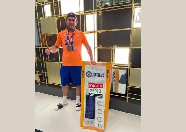 Kieran Deegan broke the Guinness World Record for the fastest London Marathon dressed as a piece of medical equipment