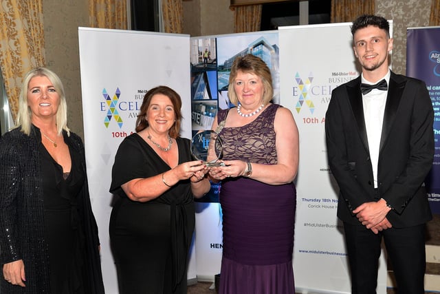 Winner of the award for Best Digital Initiative & Use of Social Media was Mid-Ulster Council Tourism with the tropy being collected by Mary McGee and Councillor Frances Burton. Also included are James Leslie, Façade Technician, Henry Bros, and Sinead Faulkner, Mid-Ulster Mail. INMU47-227.