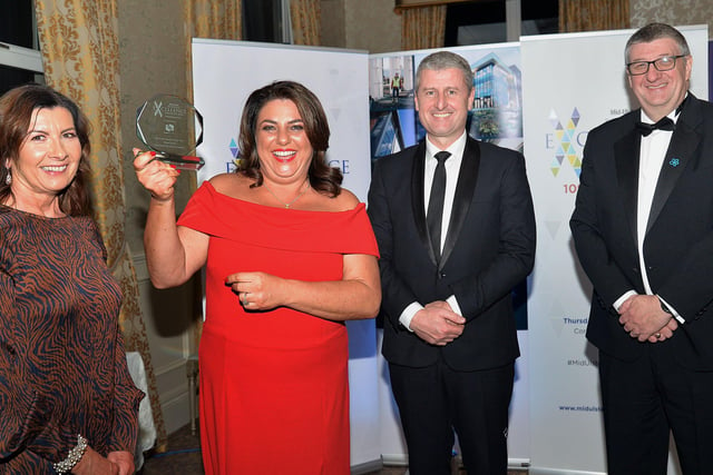 The Business Person of the Year award went to Brigid Derry. She is pictured here with, from left, Julie McKeown, HR Director, Henry Bros, Fergal McCusker, Business Manager, Bank of Ireland Business Banking, and Clint Aiken, Editor, Mid-Ulster Mail. INMU47-232.