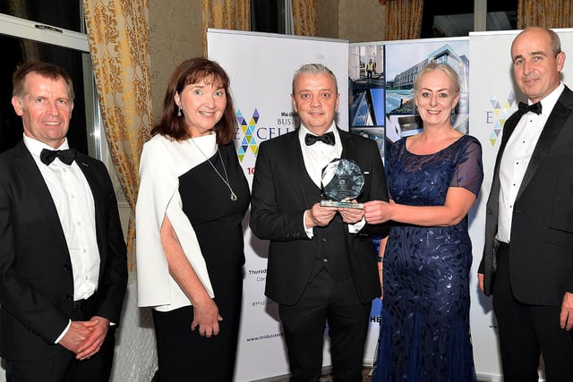 The award for Excellence in People Development went to MEGA. Pictured at the ceremony are from left, Ian Henry CR Director, Henry Bros, Main Sponsor, Eithne McNamee, Darragh Cullen, Sinead Gaynor and Aidan O'Neill, all MEGA. INMU47-233.