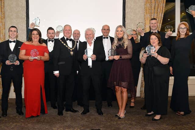 The main prize winners at the Mid-Ulster Business Awards at Corrick House Hotel pictured with Paul McLean, Chair, Mid-Ulster Council, front centre. INMU47-236.