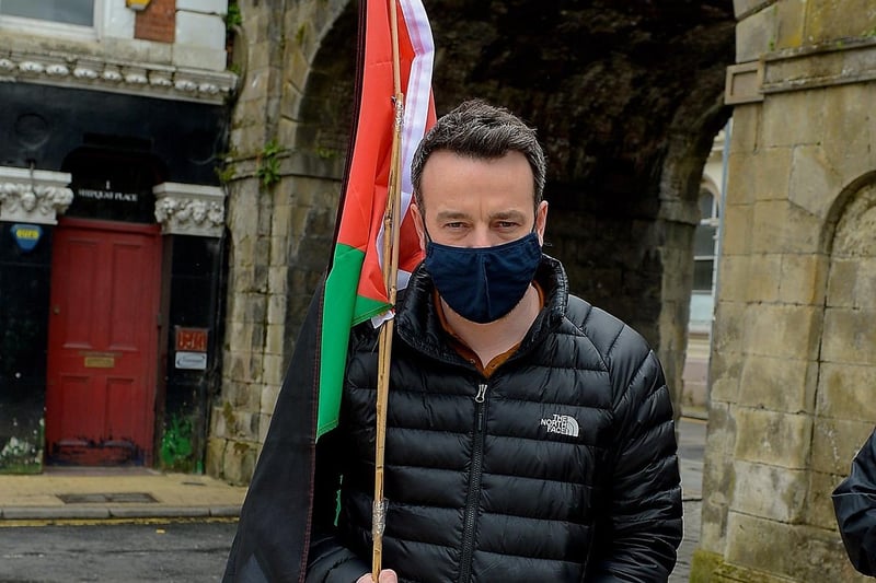 Colum Eastwood MP attended Saturday afternoon‘s rally, at Guildhall Square, in solidarity with the people of Palestine. Photo: George Sweeney.  DER2119GS – 023