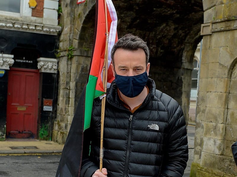 Colum Eastwood MP attended Saturday afternoon‘s rally, at Guildhall Square, in solidarity with the people of Palestine. Photo: George Sweeney.  DER2119GS – 023