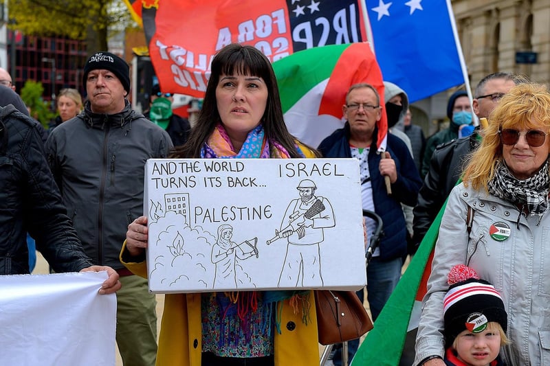 Protester at the rally in Guildhall Square, on Saturday afternoon last, in solidarity with the people of Palestine. Photo: George Sweeney.  DER2119GS – 027