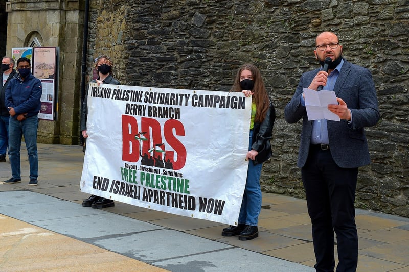 Sameh addresses the crowd at the rally in Guildhall Square, on Saturday afternoon last, in solidarity with the people of Palestine. Photo: George Sweeney.  DER2119GS – 038