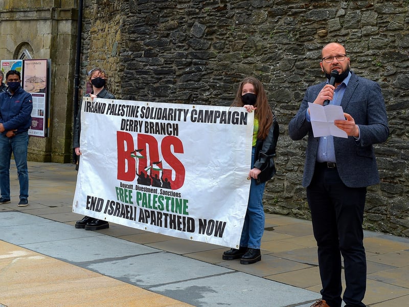 Sameh addresses the crowd at the rally in Guildhall Square, on Saturday afternoon last, in solidarity with the people of Palestine. Photo: George Sweeney.  DER2119GS – 038