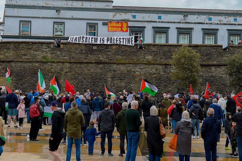 Some of the large attendance at the rally in Guildhall Square, on Saturday afternoon last, in solidarity with the people of Palestine. Photo: George Sweeney.  DER2119GS – 032