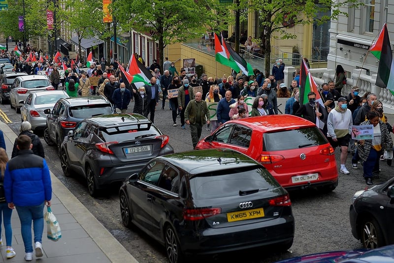 Protesters make their along Shipquay Street, on Saturday afternoon last, during a rally in solidarity with the people of Palestine. Photo: George Sweeney. DER2119GS -17