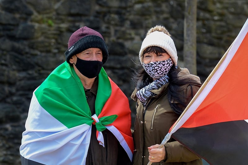 Locals joined the rally in Guildhall Square, on Saturday afternoon last, in solidarity with the people of Palestine. Photo: George Sweeney.  DER2119GS – 041