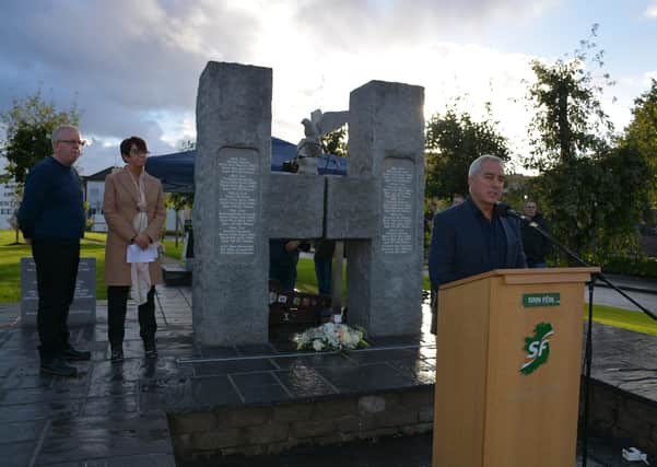 Pat Sheehan, the West Belfast MLA, who spent 55 days on the 1981 hunger strike, addressing the 40th anniversary commemoration in Rossville Street in Sunday.