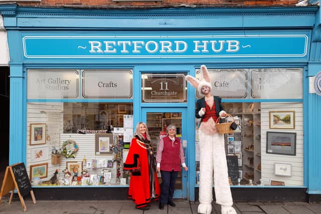 Coun Sue Shaw and the Easter Bunny at the Retford Arts Hub to launch the Retford Easter Egg Hunt