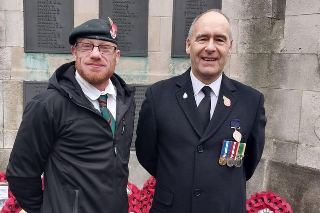 Coun Tony Eaton with a representative of the armed forces at the Worksop remembrance parade