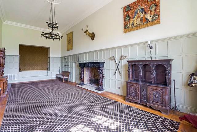 At the heart of the incredible Worksop house is this magnificent Great Hall, which can be found on the third floor. Laced with characterful features, it boasts a stunning fireplace, believed to be from Pinxton Hall, and offers superb views.