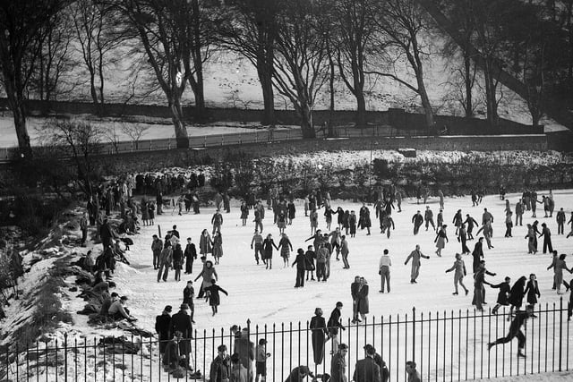 Edinburgh skaters on a frozen Union Canal at Craiglockhart in February 1950.