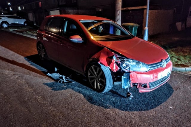 A red Volkswagen Golf crashed into a traffic light junction in Worksop. Nottinghamshire Road Policing Unit said on Twitter: "Car and driver located, driver blew 110 at the roadside and was arrested. Car was prohibited for being driven in a dangerous condition and seized. The driver then went to custody where his lowest reading was 117."
