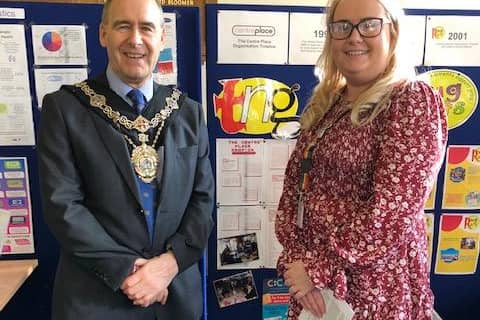 Mayor of Worksop, councillor Tony Eaton, with service manager, Georgia Crossland.