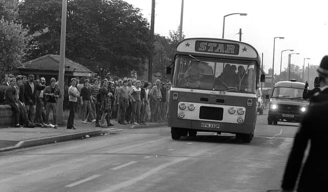 Pickets and police at Harworth Colliery on August 8 1984.