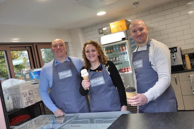 Worksop-based ice-cream maker Manfredi’s Ices has launched a new venture based in The Canch Café. Pictured: brothers Robert and Paul Manfredi and Coun Julie Leigh.