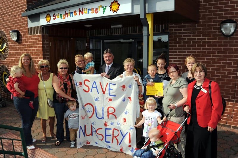 Protest against the closure of the nursery at Sunshine Nursery, Bassetlaw Hospital, Kilton Hill.
Pictured in support of the protest is Coun Glynn Gilfoyle, Jo Mann - MP John Mann's wife and Coun Sybil Fielding.  Pictured with parents and children who use the service.