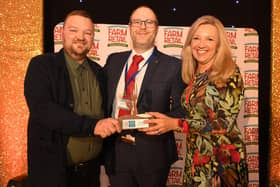 Farm Retail Awards 2024: Winners of the Farm Shop Butchery of the Year - presented by Julie Croker owner of Angel refrigeration to Ricky Stephens ( left and Oliver Stubbins ( middle ) .©Russell Sach