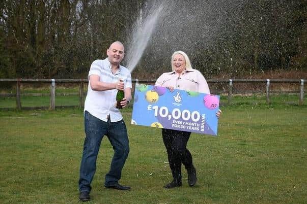 Laura Hoyle and Kirk Stevens, from Hucknall, won £10,000 a month for the next 30 years.