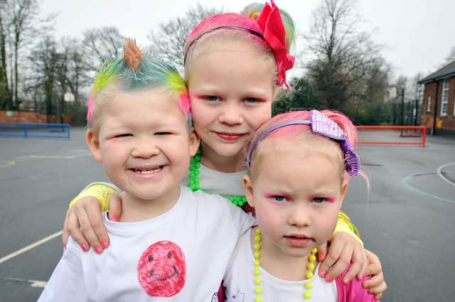Red Nose Day fun at Ryton Park Primary School. Lawson, Brooke and Taylor Peacock dress up for Comic Relief