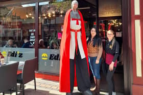 The stilt-walking knight of St George visited Retford Big Market Day greeting shoppers and business owners
