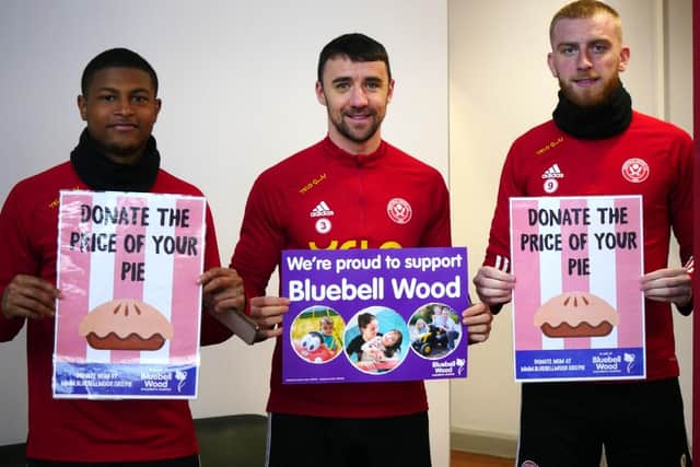 Sheffield United’s Rhian Brewster, Oli McBurnie and Enda Stevens encouraging fans to dig deep for Bluebell Wood.