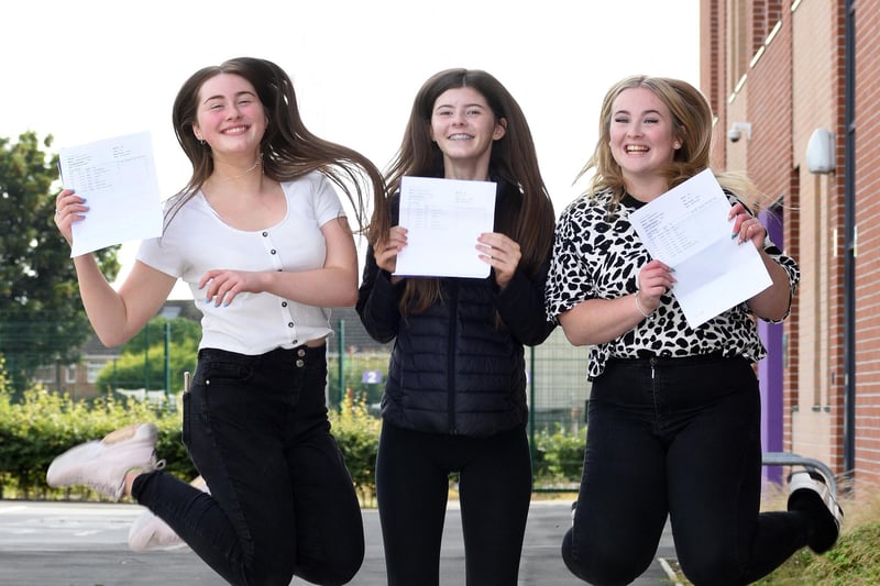 Manor Community Academy pupils Miazie Hunter, Katie Sharp and Garce Boddy Jump for joy after receiving their GCSE results.