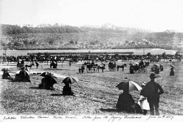 Queen Victoria's Golden Jubilee Celebrations on 20th June 1887. This view, taken from Gregory Boulevard, shows a volunteer review.